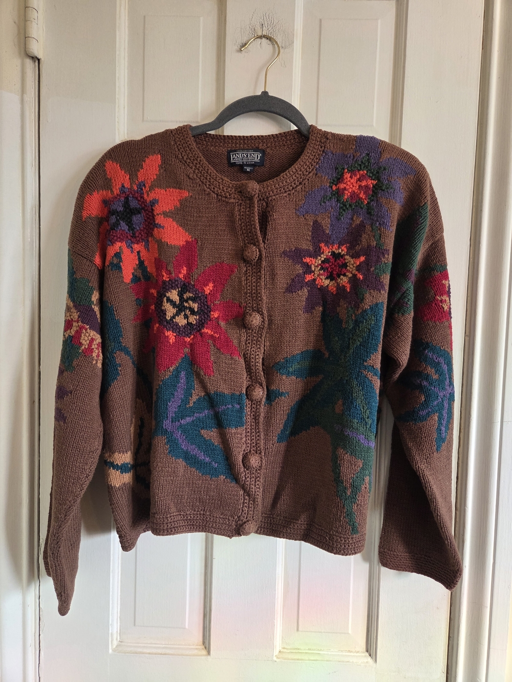 Lands' End Brown Floral Button-Front Knit Cardigan